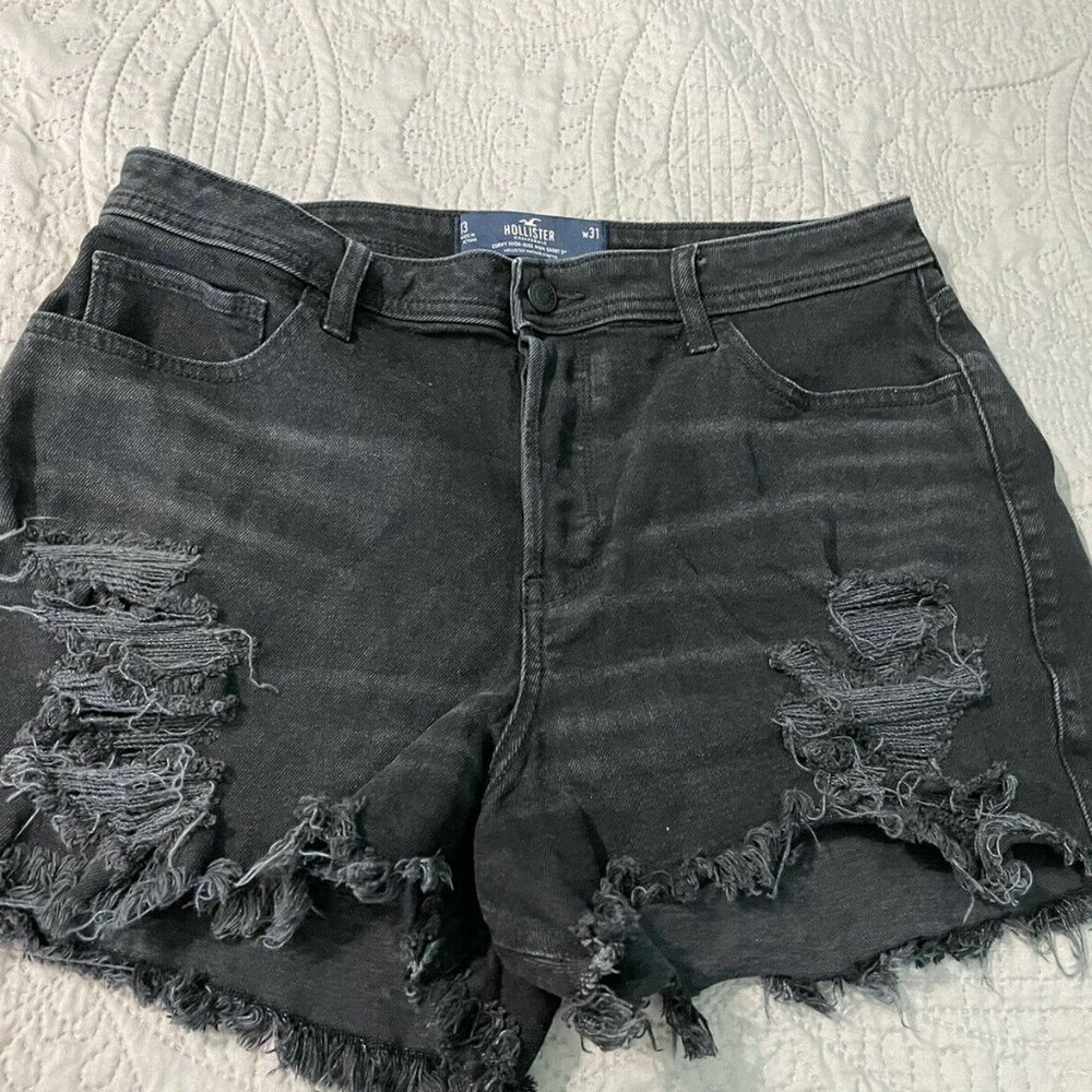 Hollister Juniors Black Distressed Raw Hem High Waisted Jean Shorts 13/31